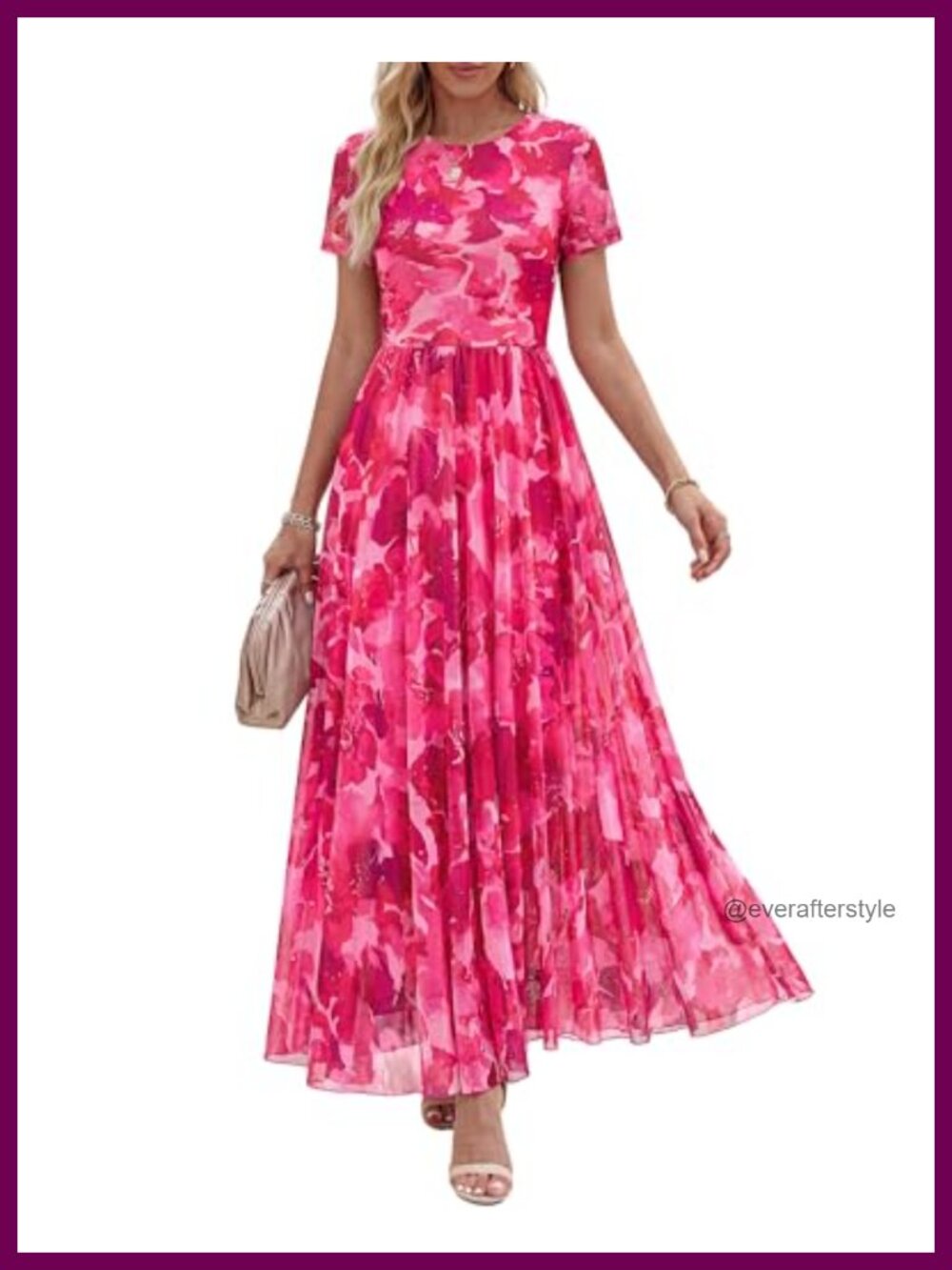 Women Floral Maxi Dress Short Sleeve Mesh A-Line Formal Wedding Guest